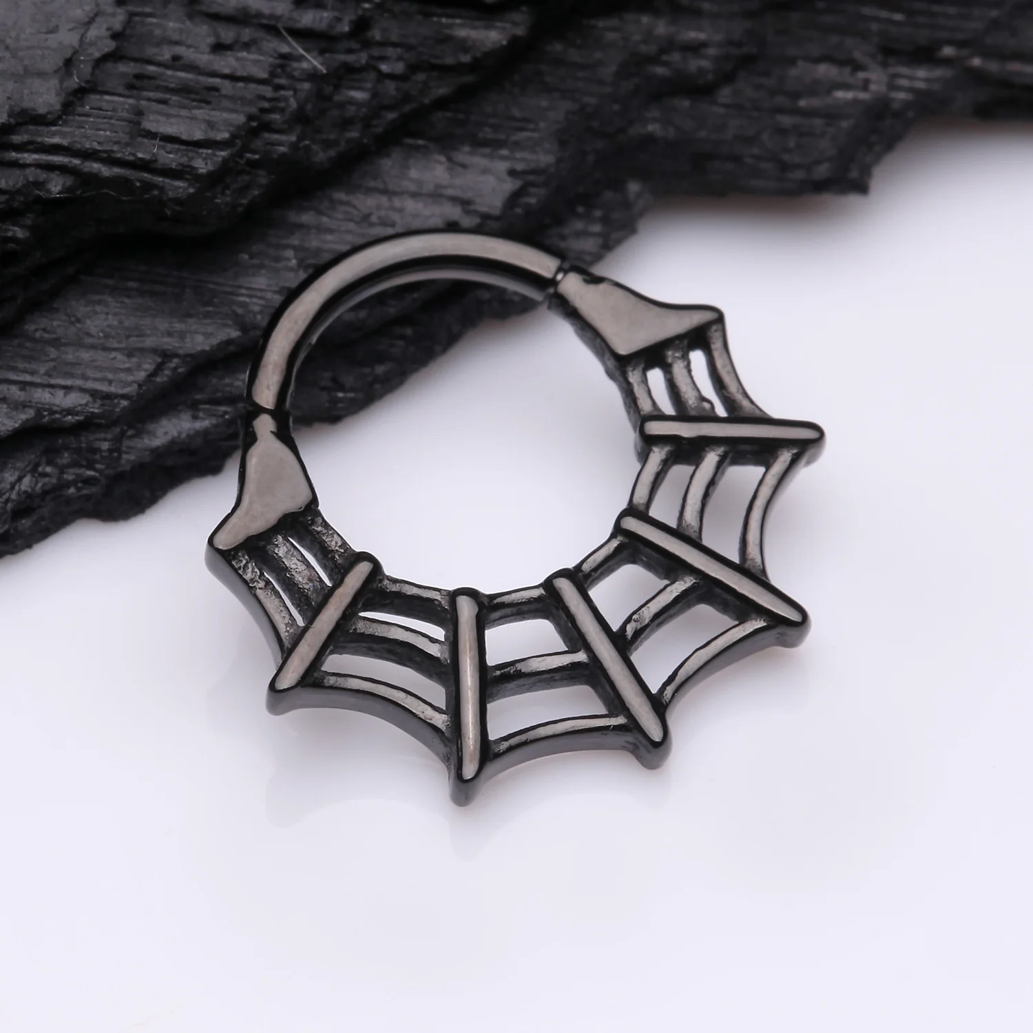 Blackline Venomous Spider Web Steel Seamless Clicker Hoop Ring - Image 2