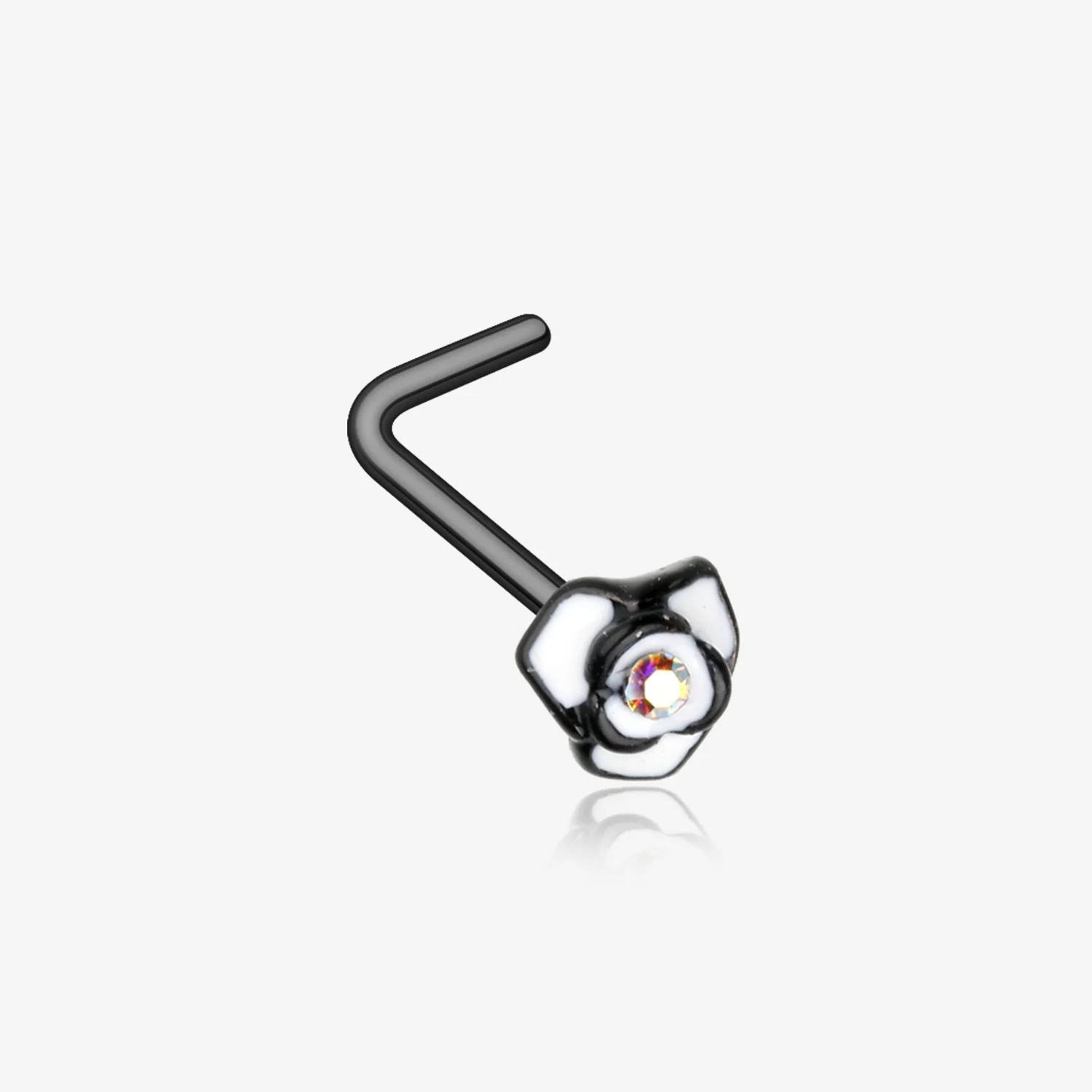 Blackline White Rose Blossom Sparkle L-Shaped Nose Ring
