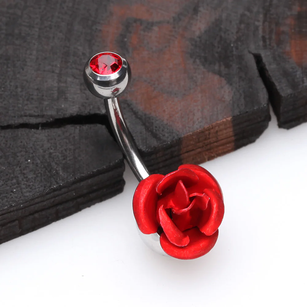 Bright Metal Rose Blossom Belly Button Ring - Image 3