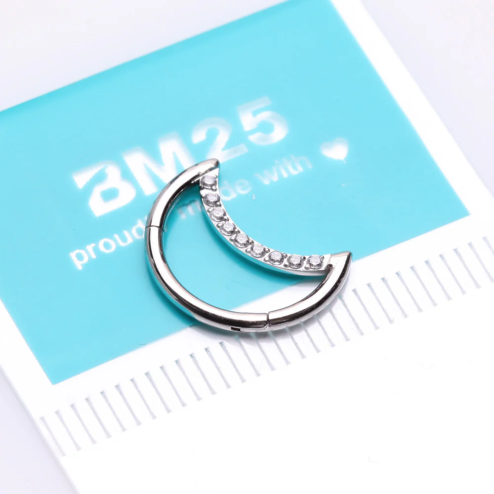 Brilliant Sparkle Gem Lined Crescent Moon Seamless Clicker Hoop Ring - Image 3