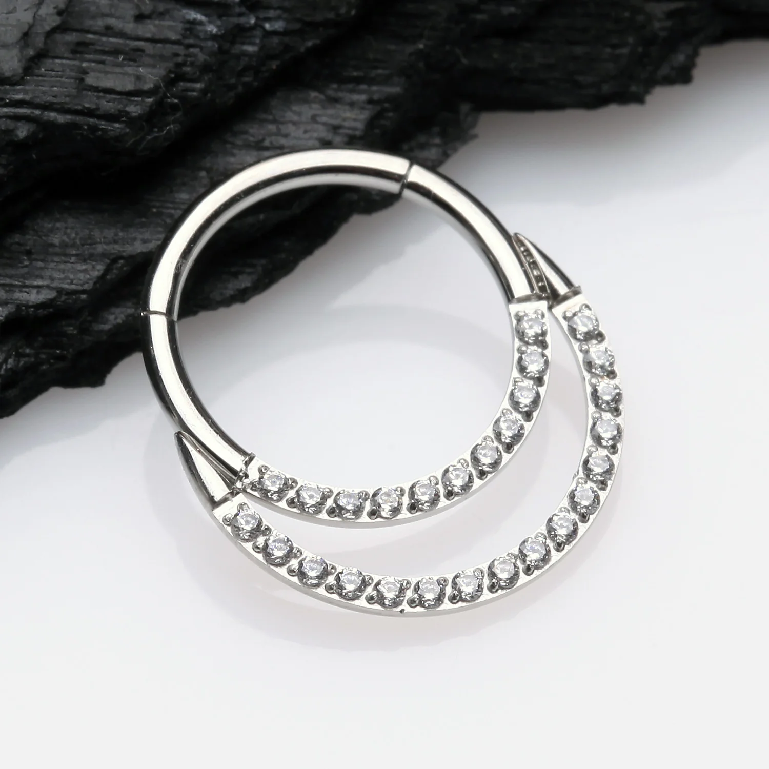 Brilliant Sparkle Gem Lined Double Loop Accent Seamless Clicker Hoop Ring - Image 2