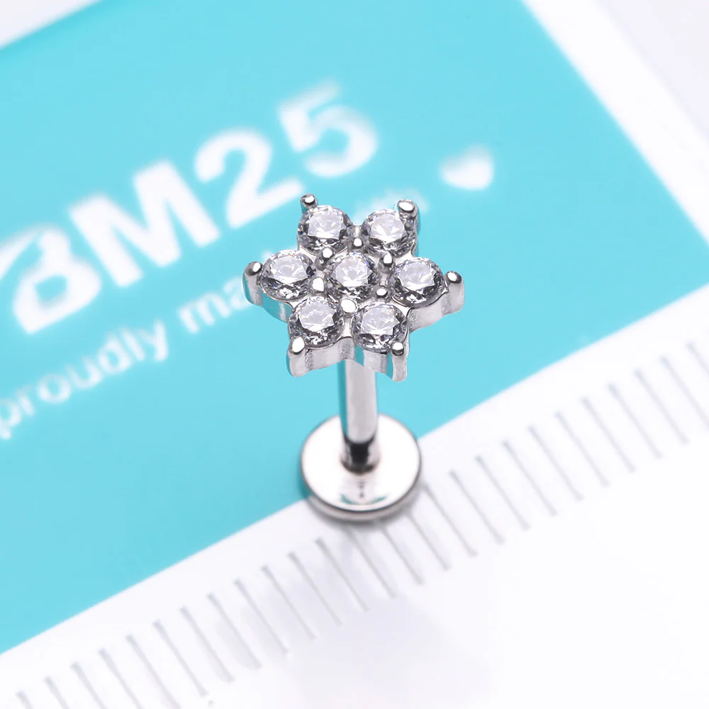 Brilliant Sparkle Spring Flower Top Internally Threaded Steel Labret - Image 3