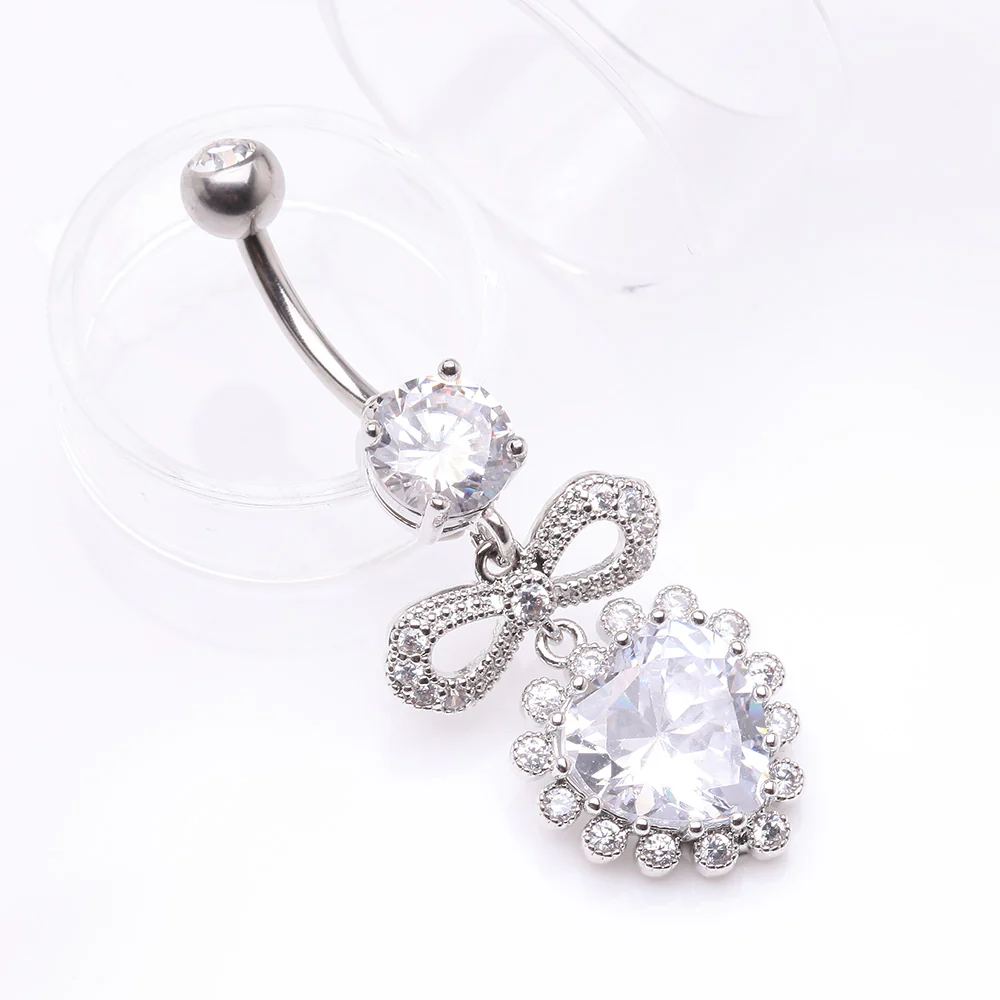 Bubbly Heart Sparkle Bow-Tie Dangle Belly Button Ring - Image 3