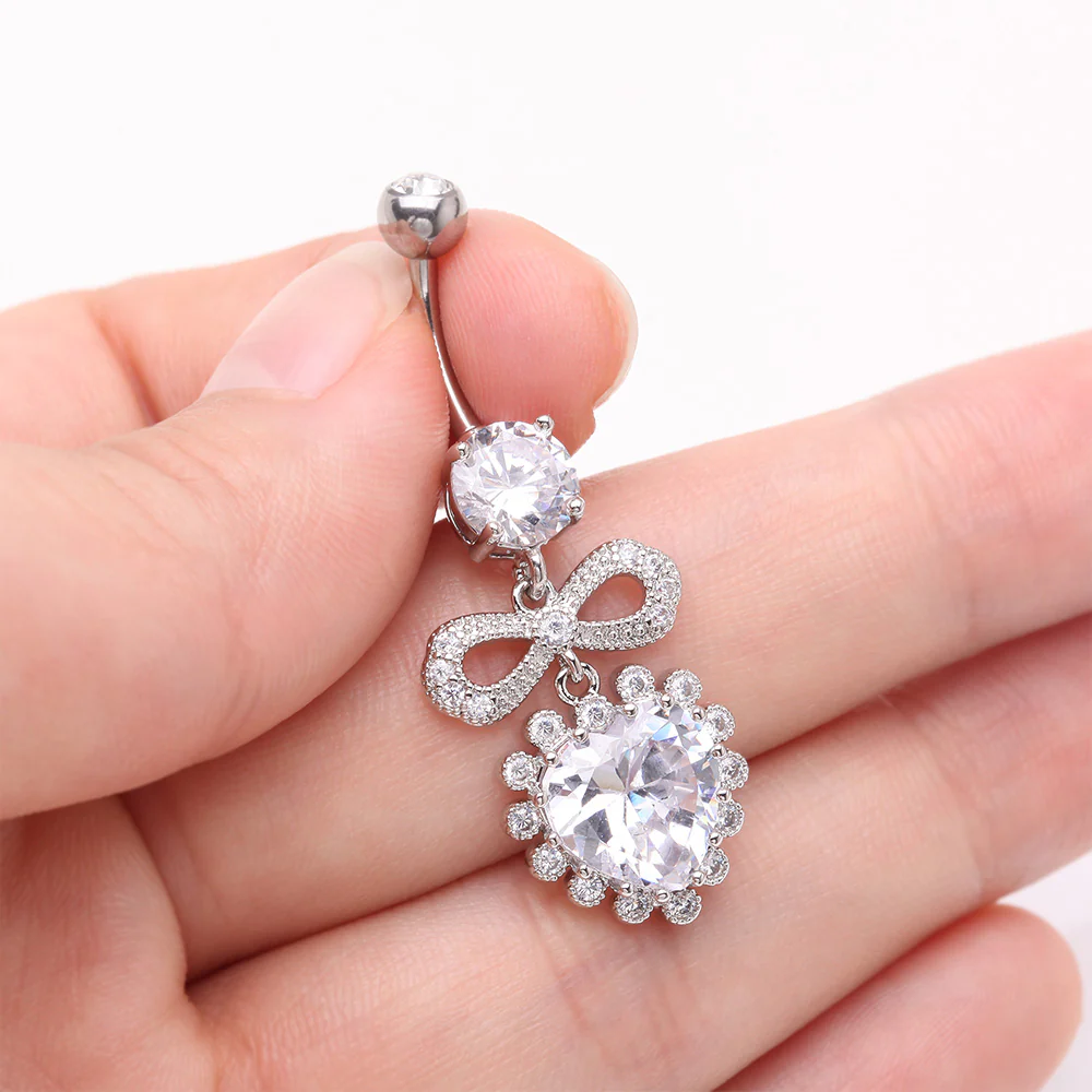 Bubbly Heart Sparkle Bow-Tie Dangle Belly Button Ring - Image 4