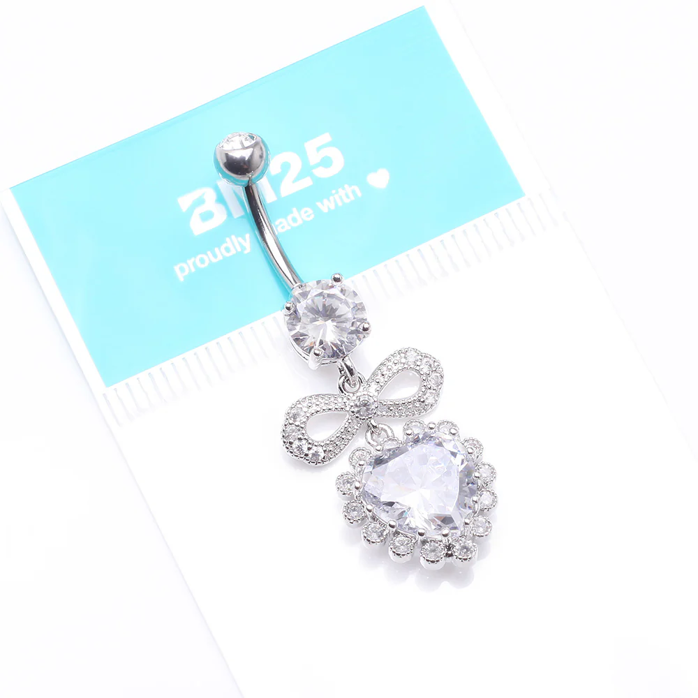 Bubbly Heart Sparkle Bow-Tie Dangle Belly Button Ring - Image 5