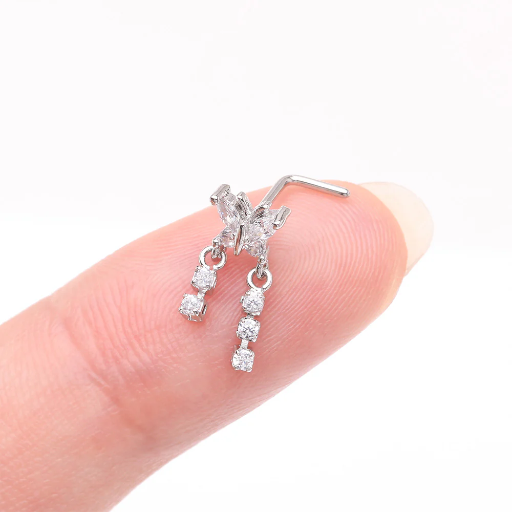 Butterfly Sparkle Dangle Gem Drop L-Shaped Nose Ring - Image 3