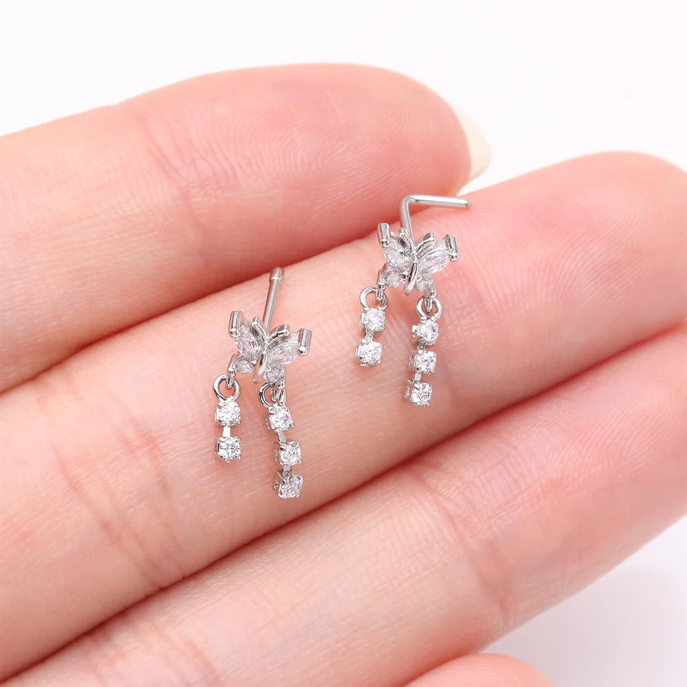 Butterfly Sparkle Dangle Gem Drop L-Shaped Nose Ring - Image 4