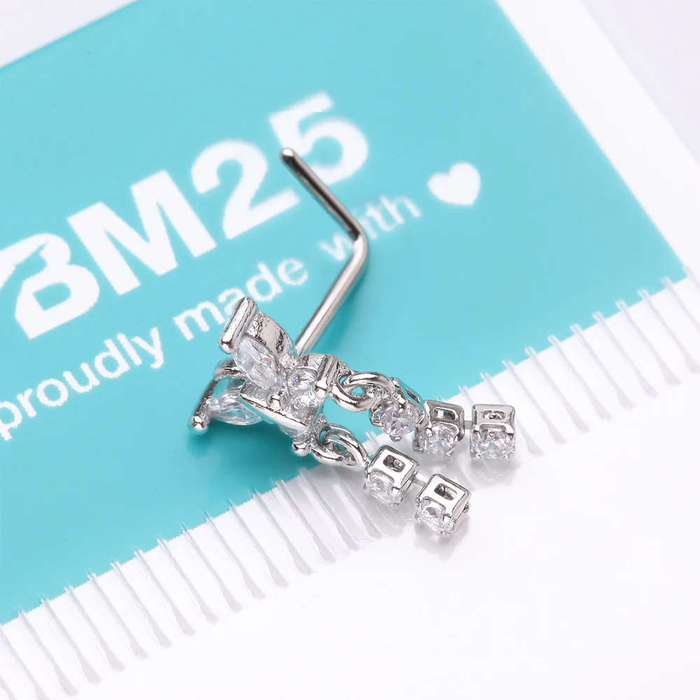 Butterfly Sparkle Dangle Gem Drop L-Shaped Nose Ring - Image 5