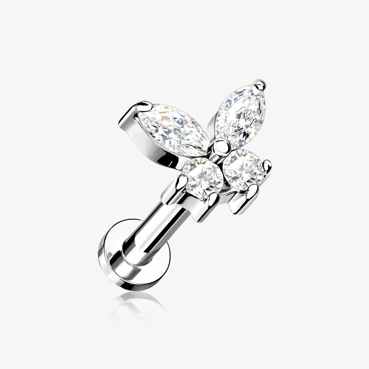 Butterfly Sparkle Prong Set Top Internally Threaded Steel Flat Back Stud Labret