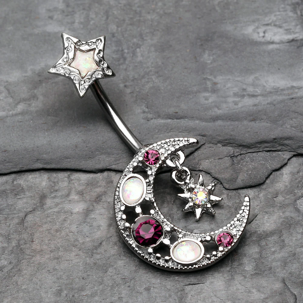 Celestial Opal Moon Star Belly Button Ring - Image 3