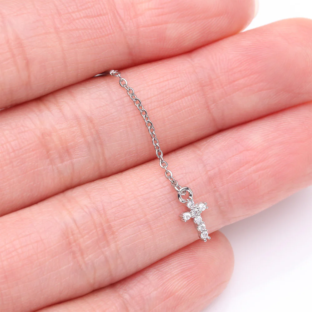 Chained Sparkle Cross Dangle Cartilage Barbell Earring - Image 3