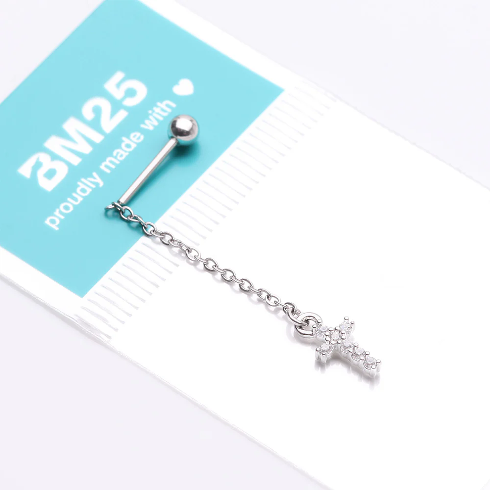 Chained Sparkle Cross Dangle Cartilage Barbell Earring - Image 4