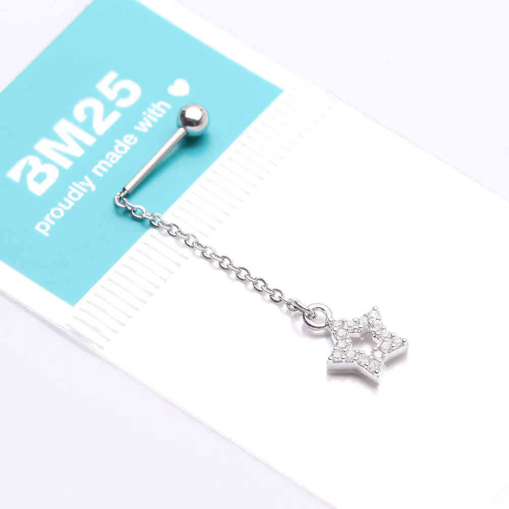 Chained Sparkle Hollow Star Dangle Cartilage Barbell Earring - Image 4