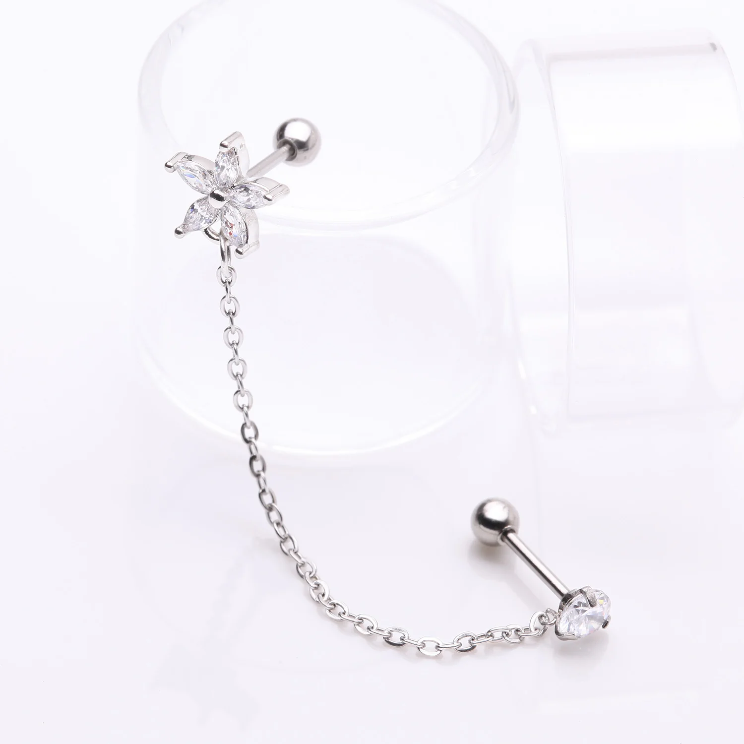 Chainlink Grand Flower Gem Sparkle Cartilage Barbell Stud - Image 2