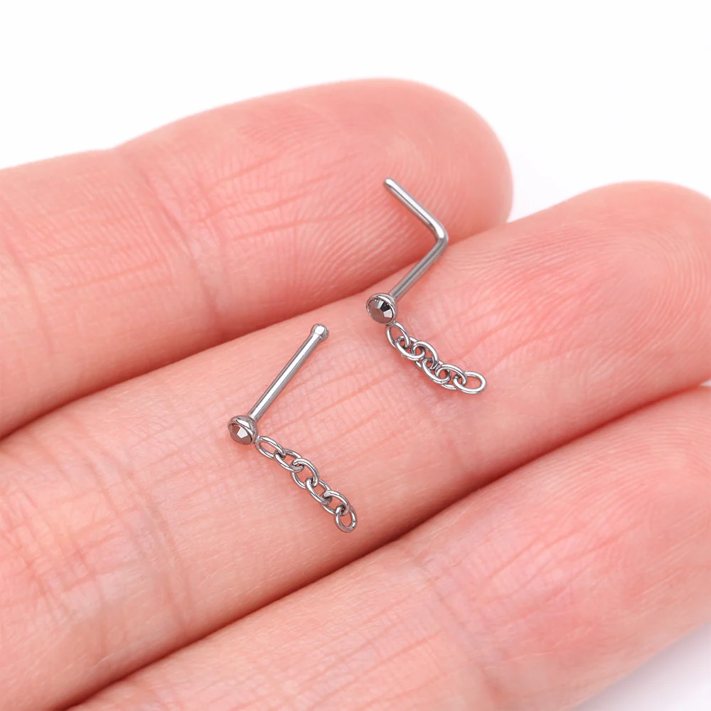 Chainlink Sparkle Dangle L-Shaped Nose Ring - Image 4