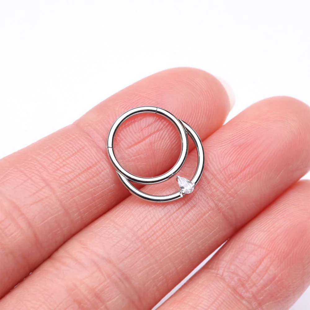 Classic Double Loop Teardrop Sparkle Clicker Hoop Ring - Image 3