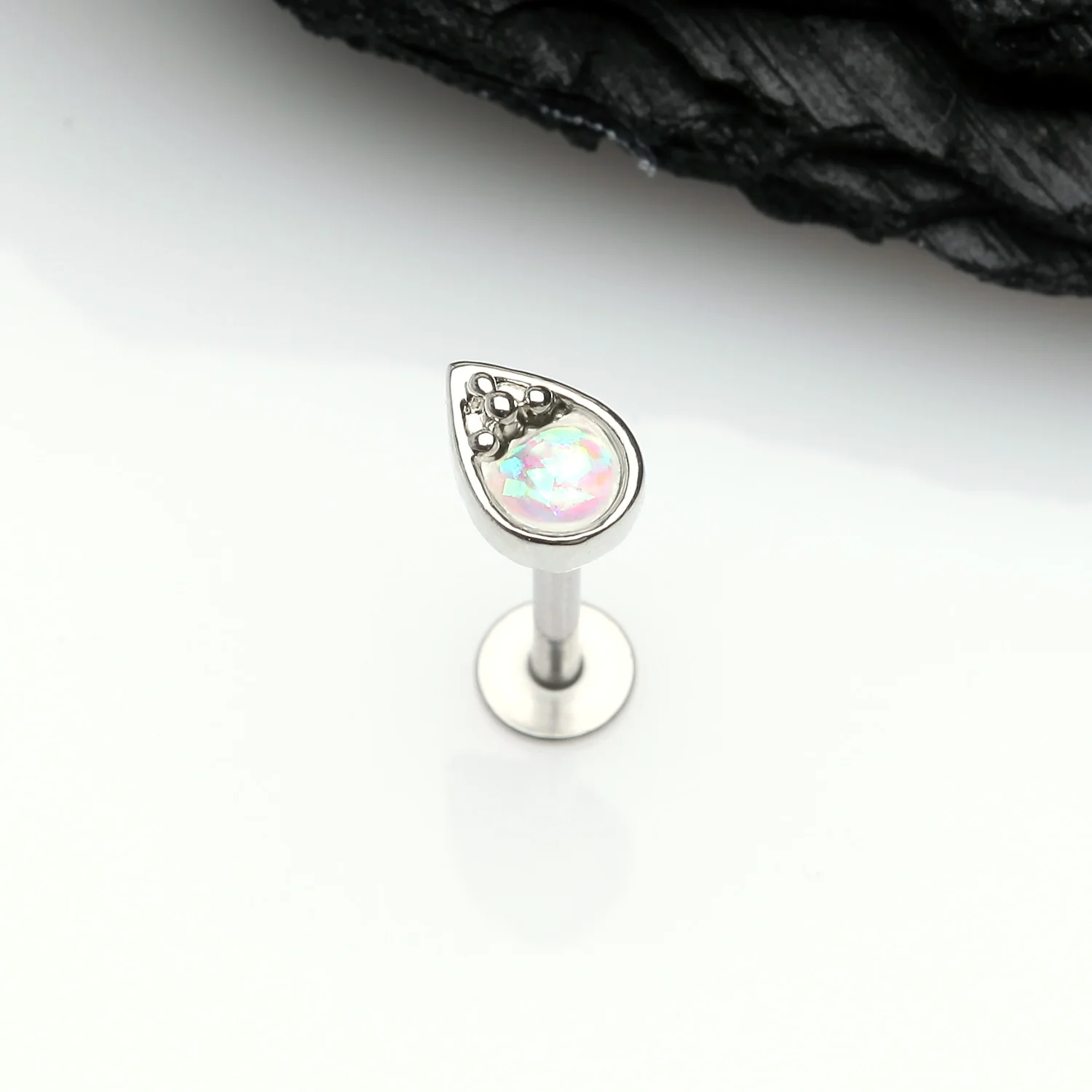 Classic Opalescent Teardrop Top Steel Labret - Image 2