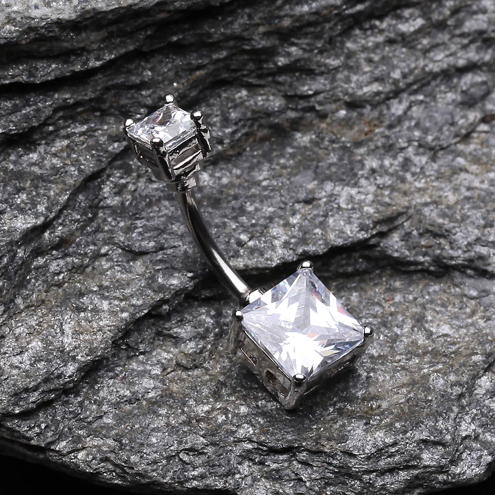 Classic Square Prong Set Gem Belly Button Ring - Image 3