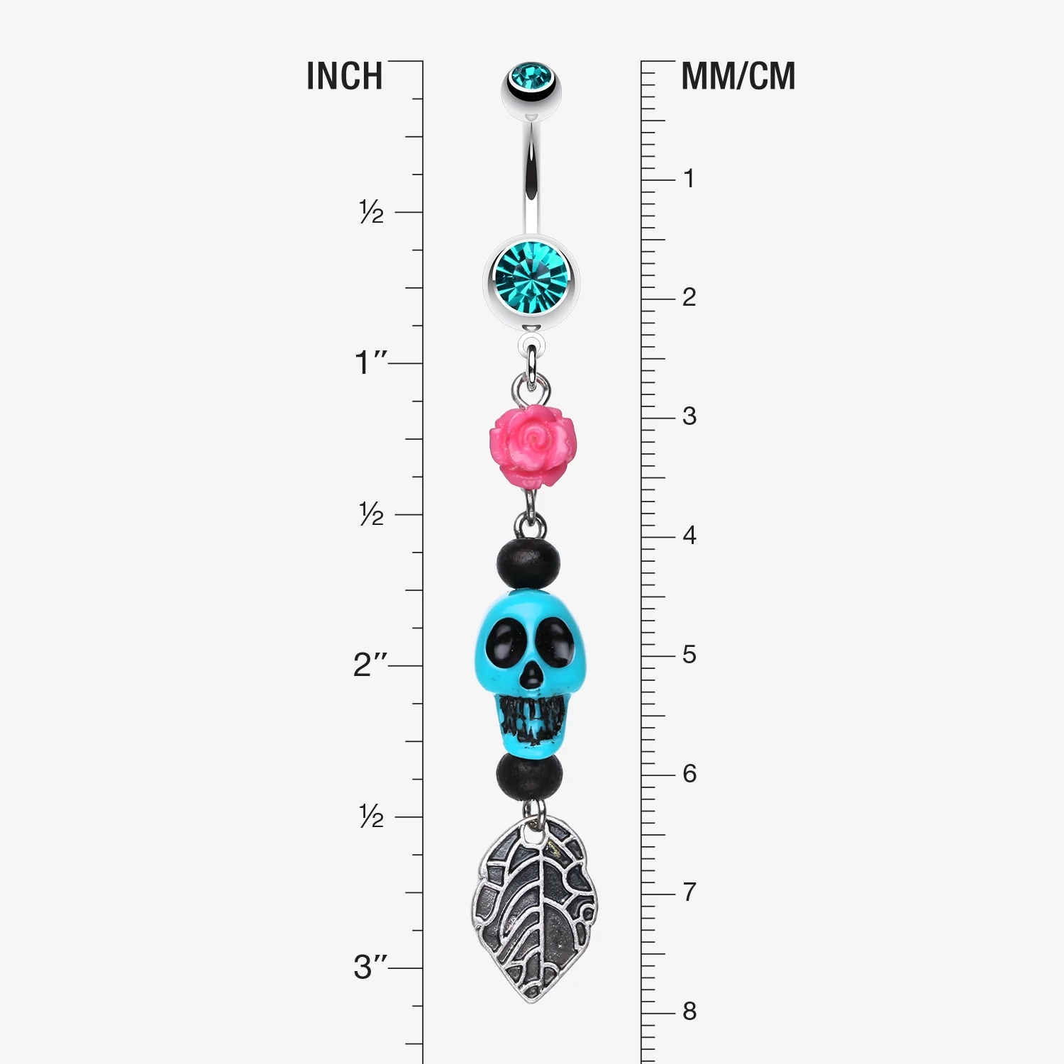 Colorful Rose Skull Leaf Dangle Belly Ring - Image 2