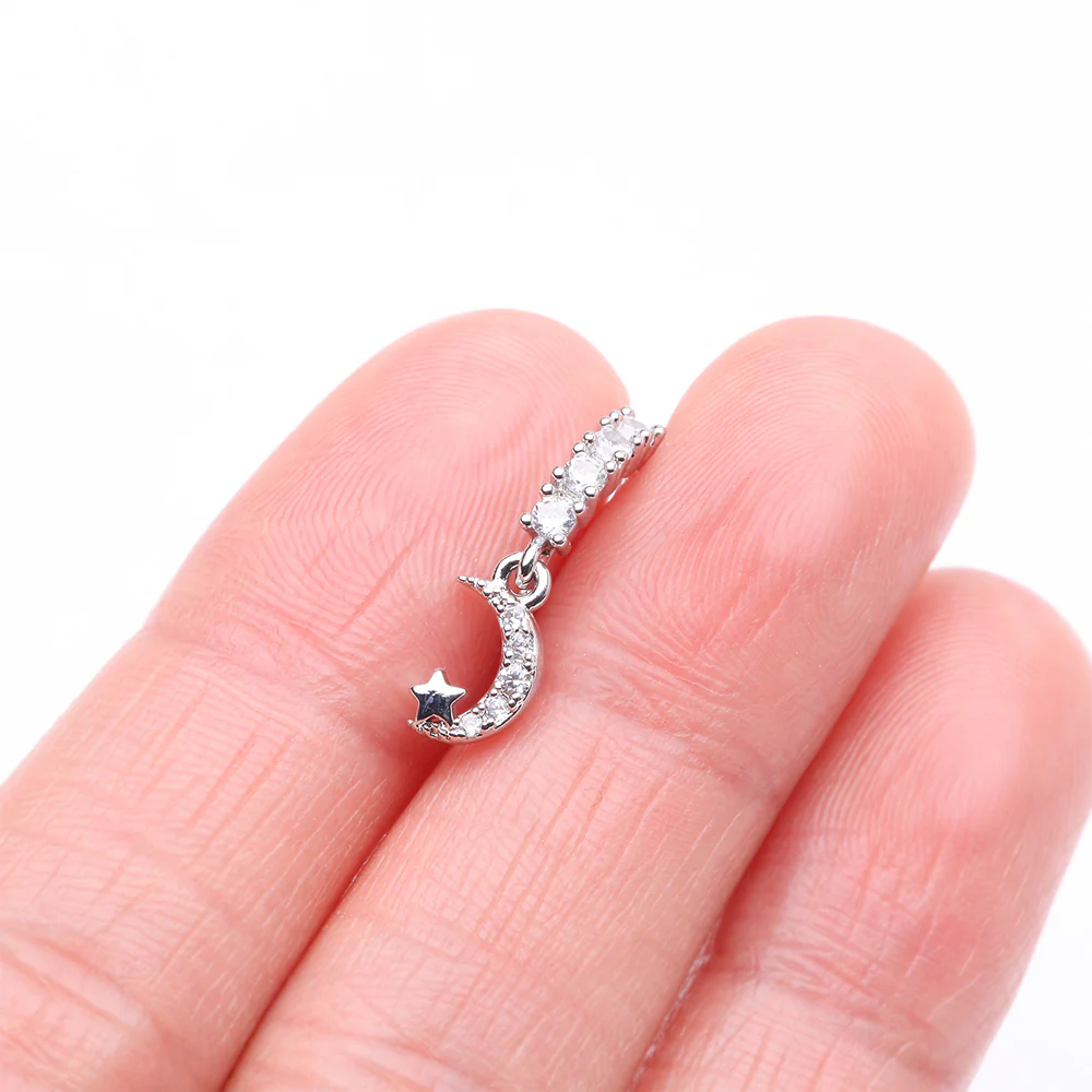 Crescent Moon and Star Sparkle Dangle Multi-Gem Lined Bendable Hoop Ring - Image 3