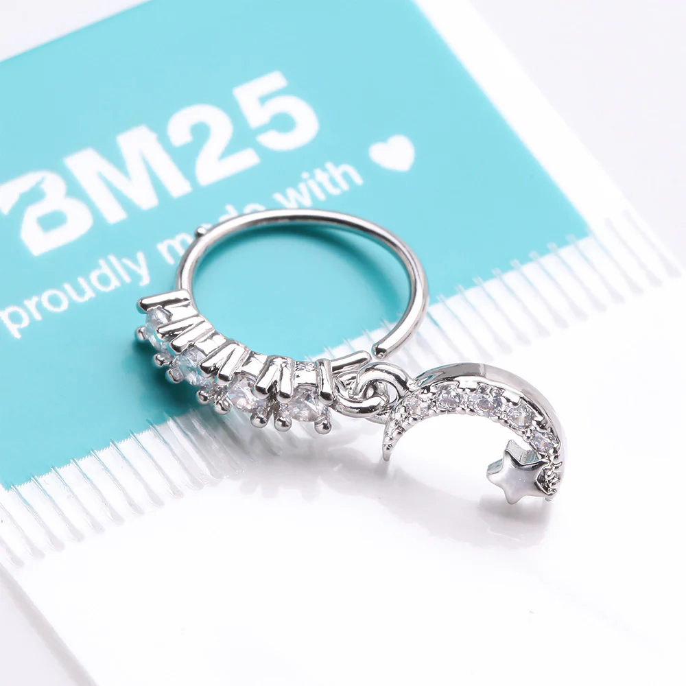 Crescent Moon and Star Sparkle Dangle Multi-Gem Lined Bendable Hoop Ring - Image 4