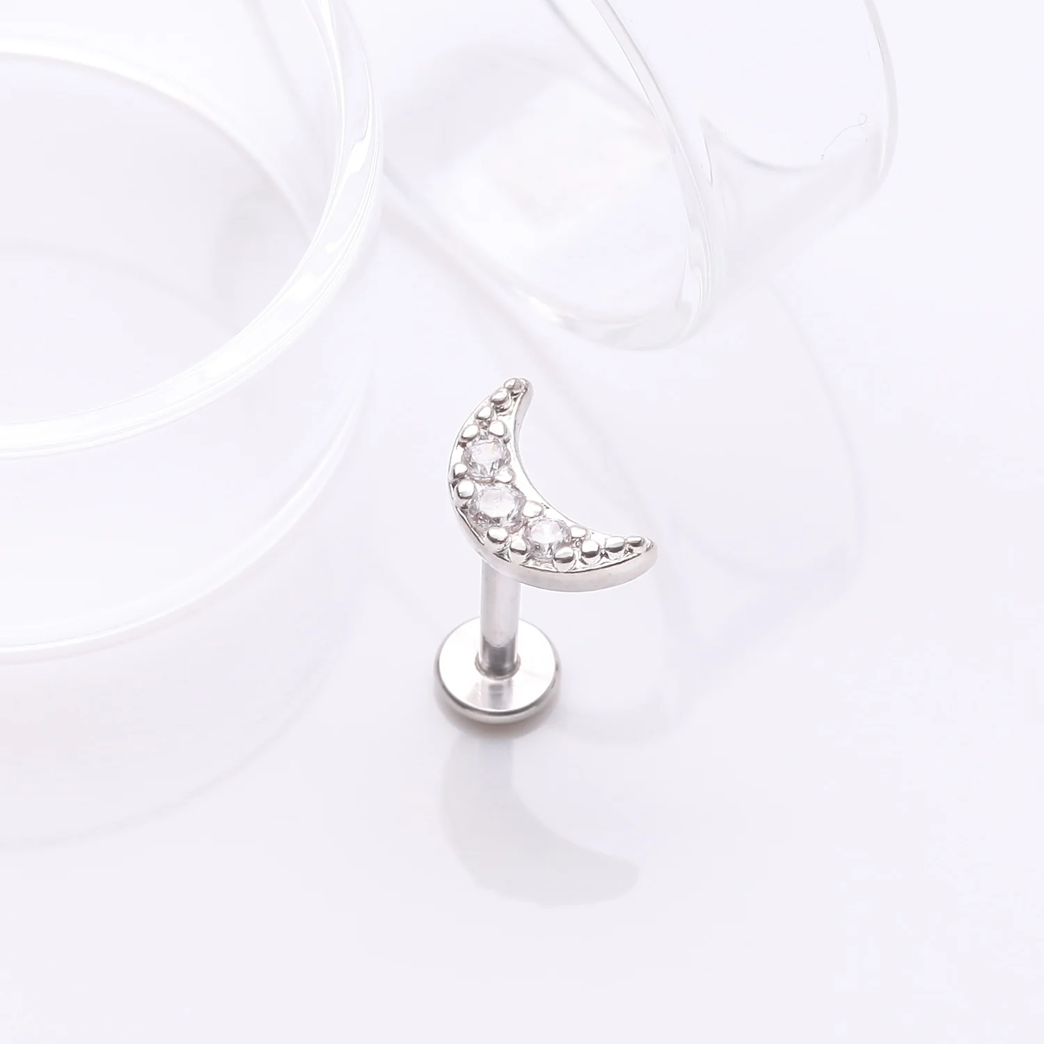 Crescent Moon Sparkle Pave Multi-Gem Internally Threaded Flat Back Stud Labret - Image 2