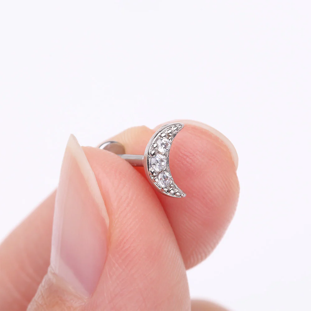 Crescent Moon Sparkle Pave Multi-Gem Internally Threaded Flat Back Stud Labret - Image 3