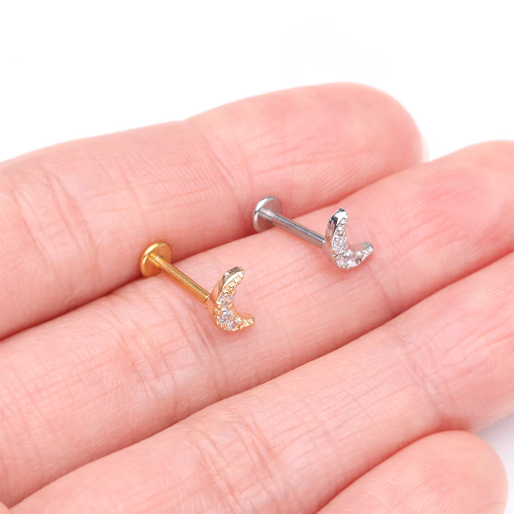 Crescent Moon Sparkle Pave Multi-Gem Internally Threaded Flat Back Stud Labret - Image 4