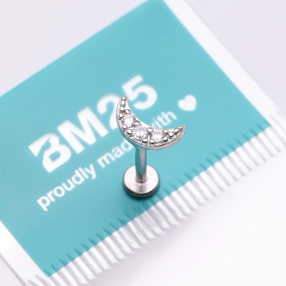 Crescent Moon Sparkle Pave Multi-Gem Internally Threaded Flat Back Stud Labret - Image 5