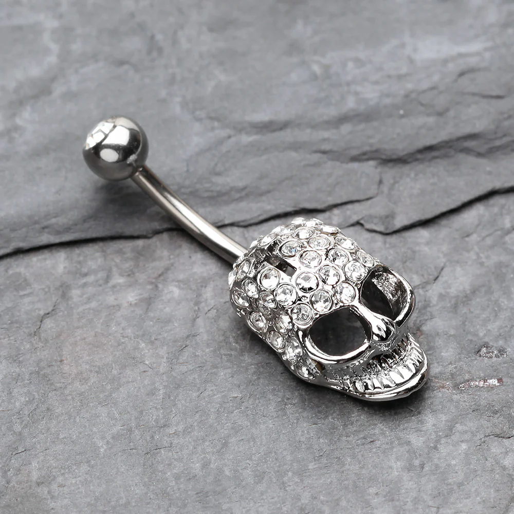 Cross Gem Paved Hardcore Skull Belly Button Ring - Image 3