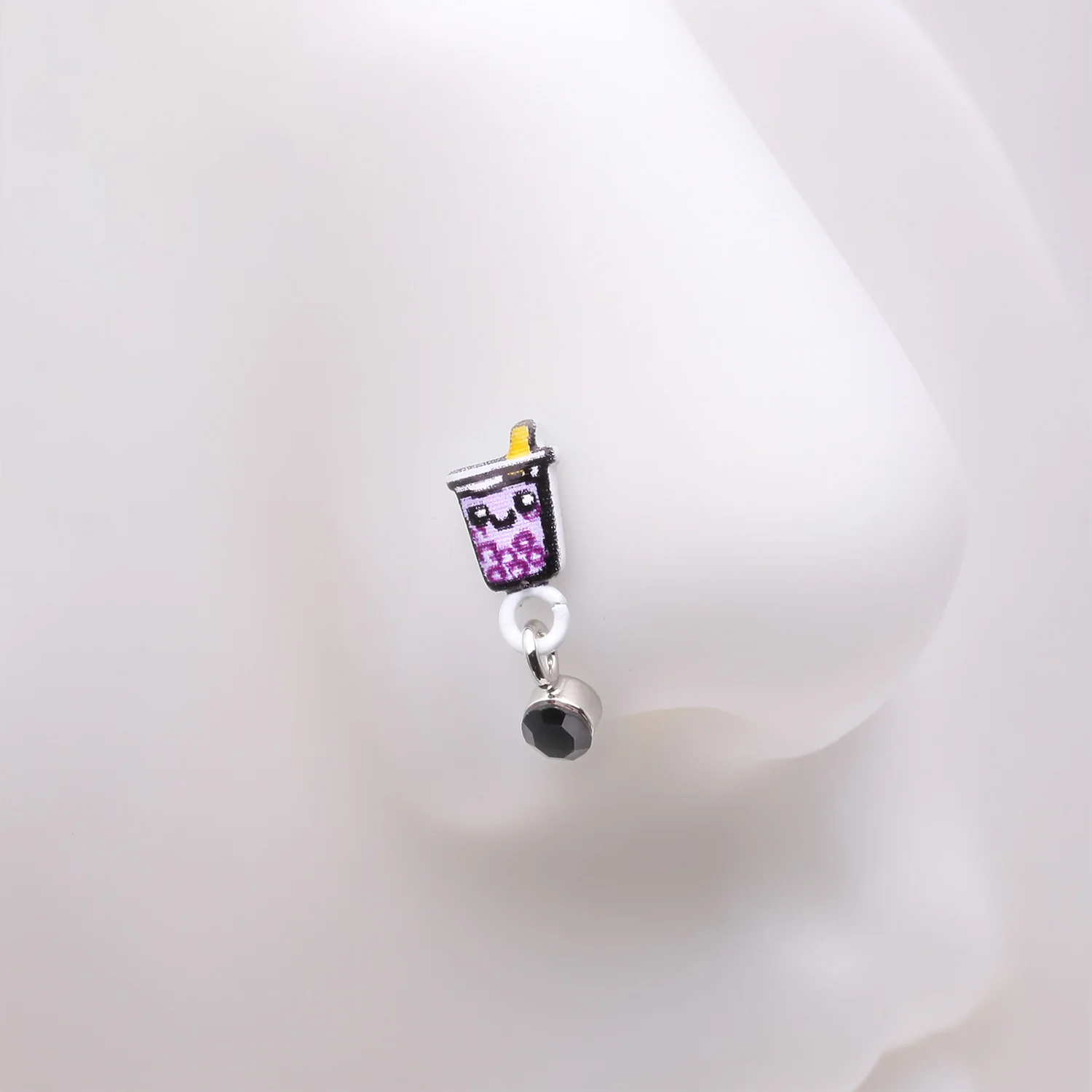 Cute Boba Tapioca Drink Sparkle Dangle L-Shaped Nose Ring - Image 2
