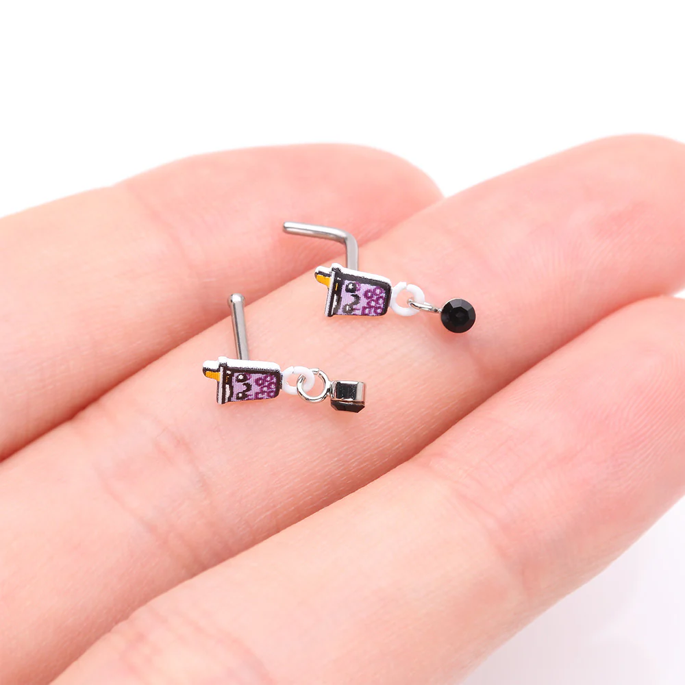 Cute Boba Tapioca Drink Sparkle Dangle L-Shaped Nose Ring - Image 4