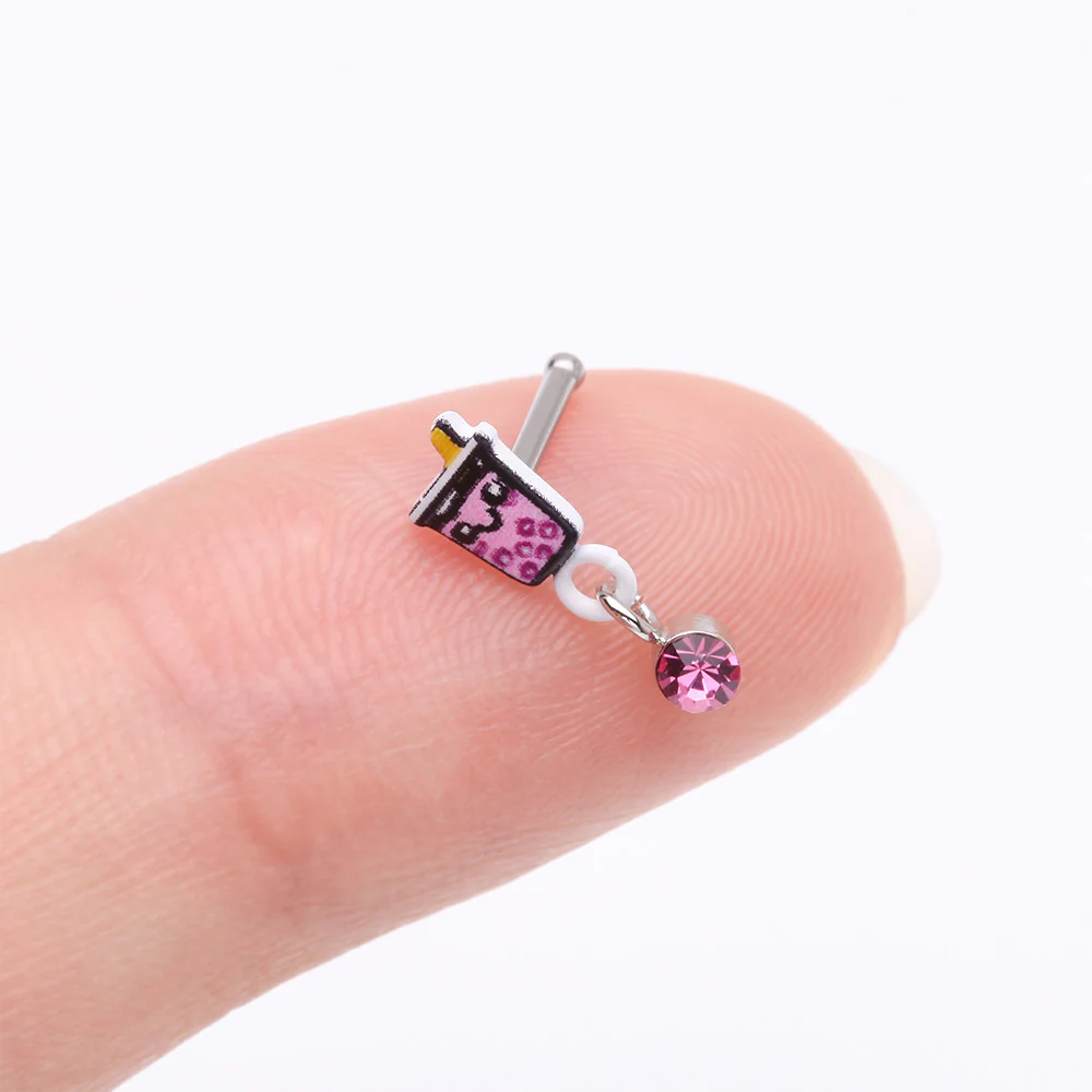Cute Boba Tapioca Drink Sparkle Dangle Nose Stud Ring - Image 3