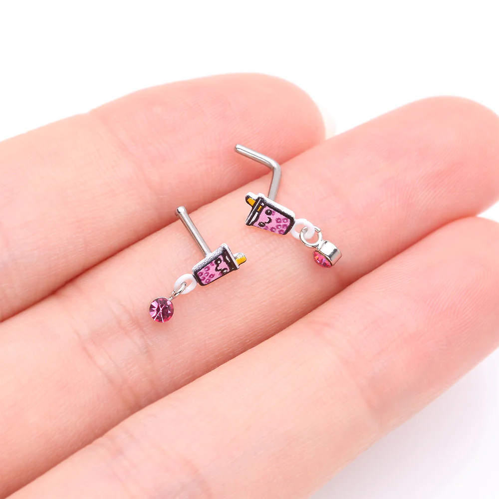 Cute Boba Tapioca Drink Sparkle Dangle Nose Stud Ring - Image 4