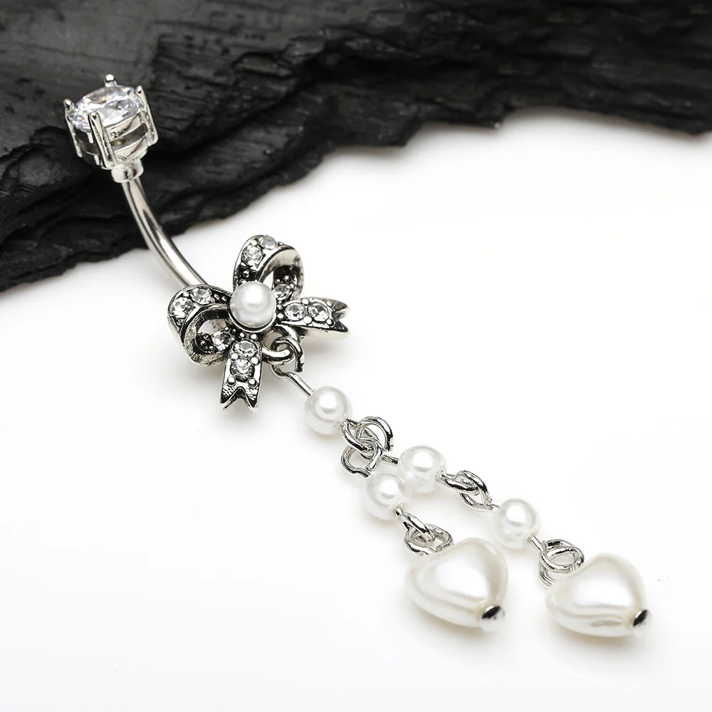 Dainty Bow-Tie Pearlescent Hearts Dangle Belly Button Ring - Image 3