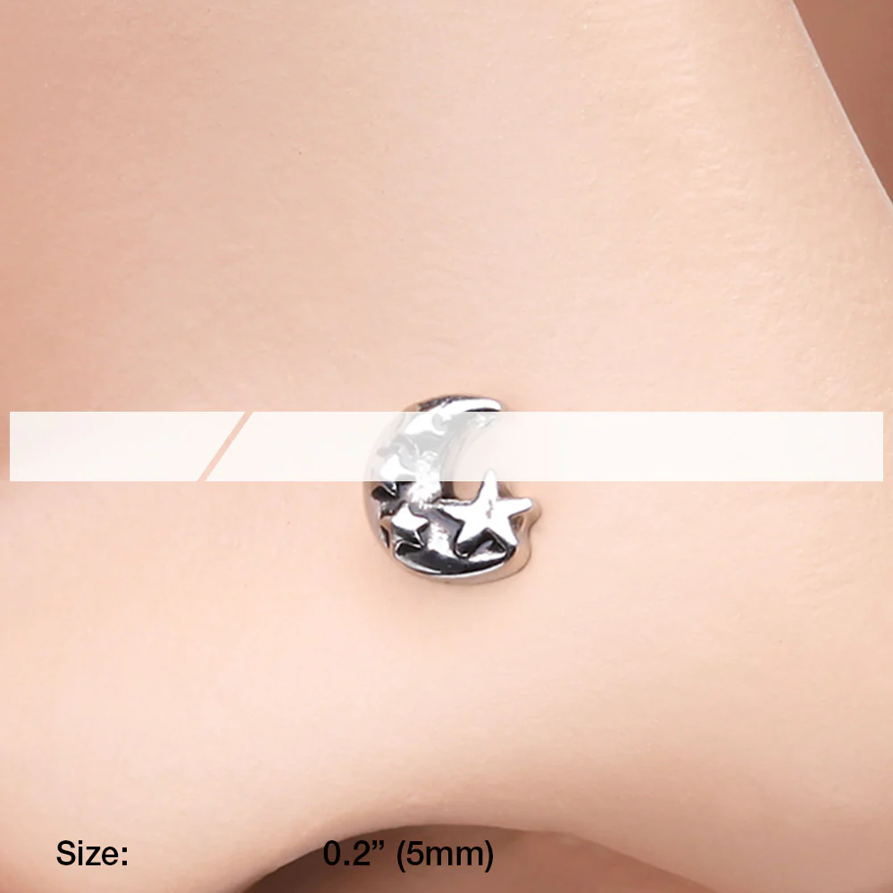 Dainty Crescent Moon & Stars L-Shaped Nose Ring - Image 3