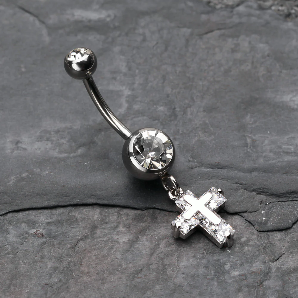 Dainty Cross Sparkle Belly Button Ring - Image 3