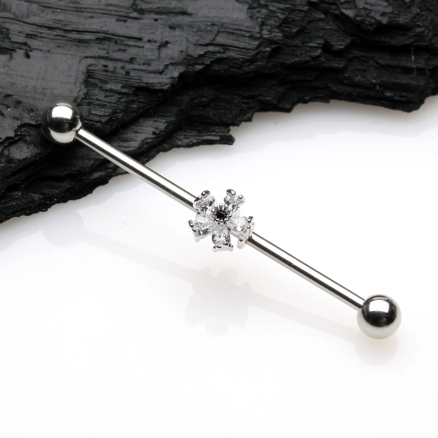 Dainty Flower Sparkle Dazzle Industrial Barbell - Image 2