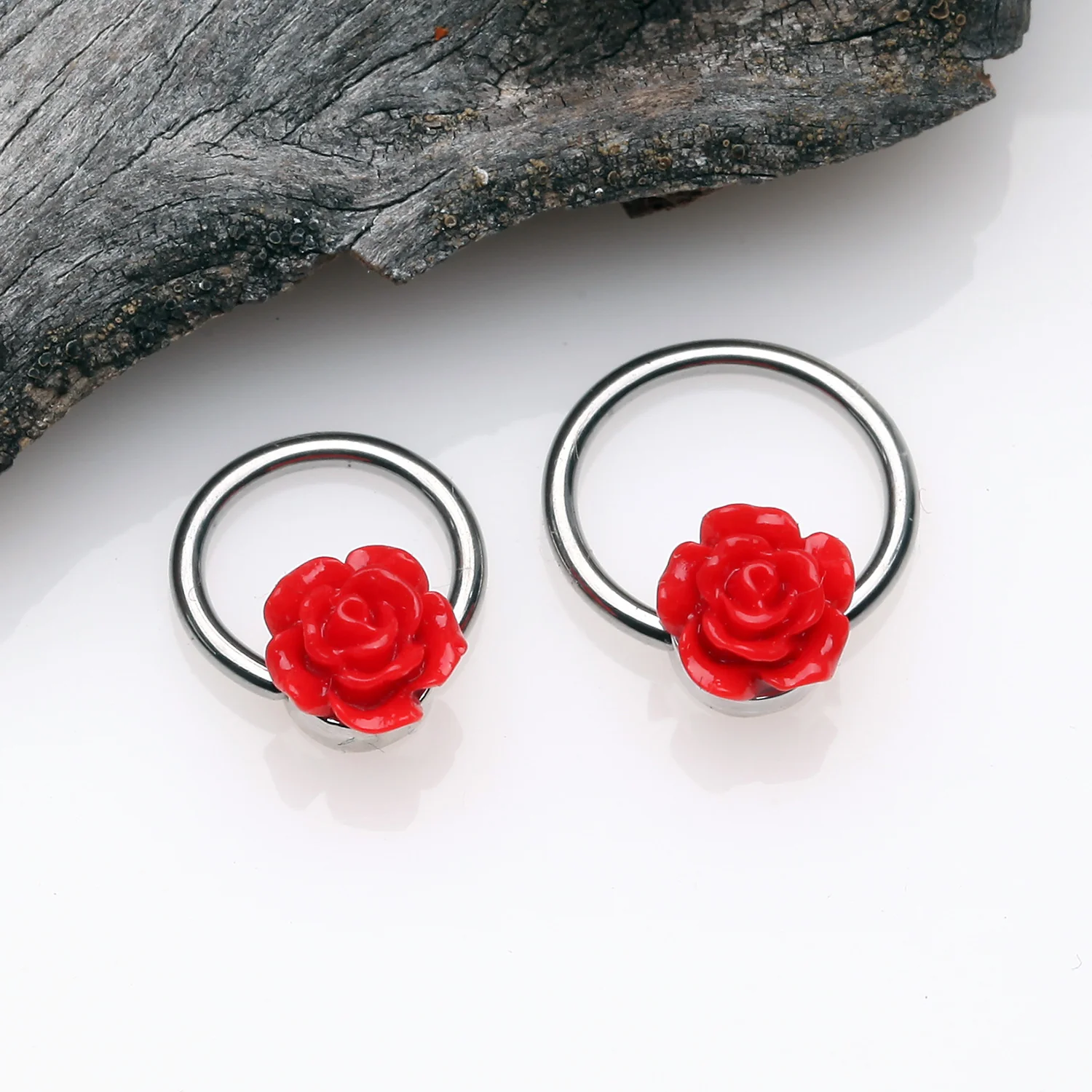 Dainty Rose Blossom Steel Captive Bead Ring - Image 2