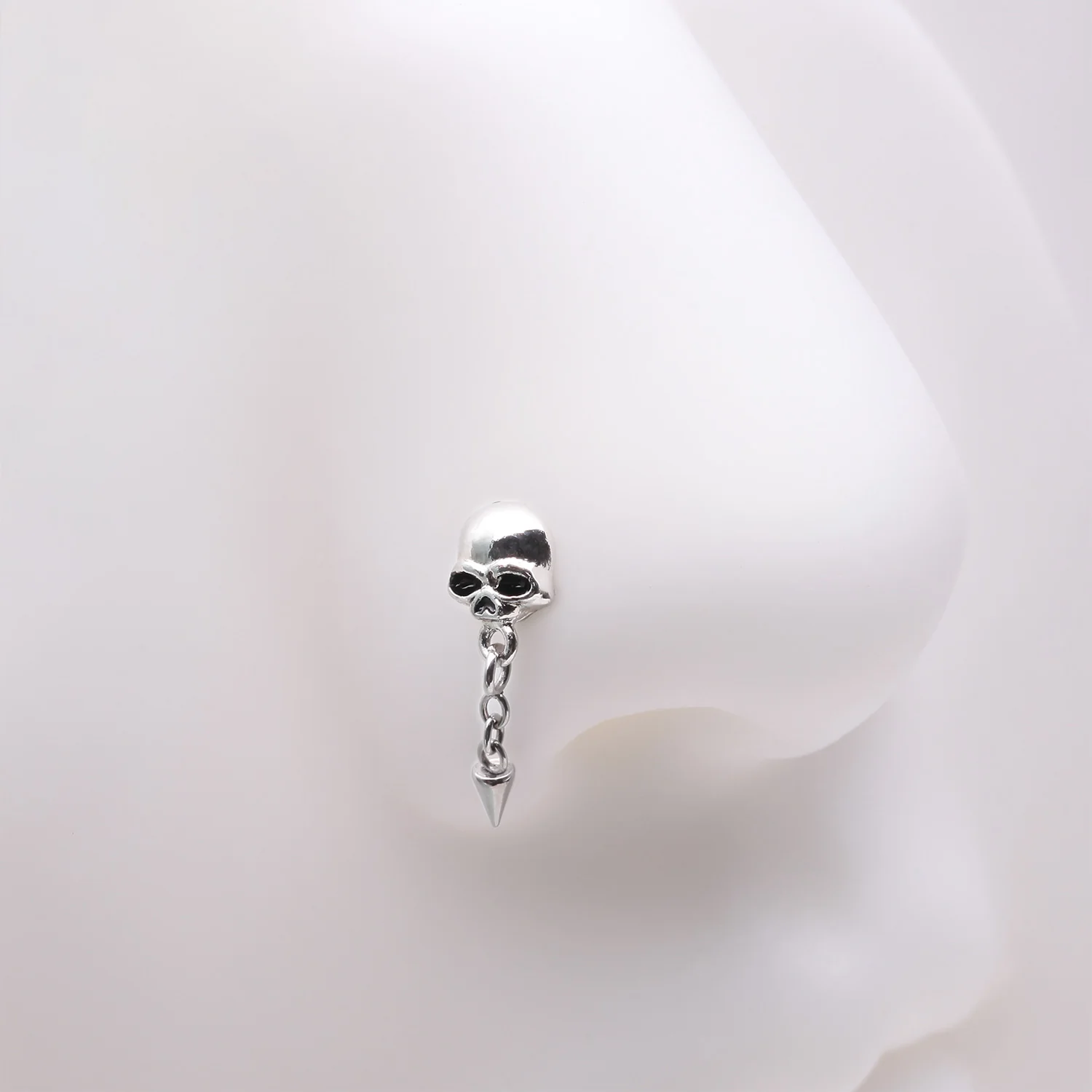 Death Skull Dangle Chained Spike L-Shaped Nose Ring - Image 2