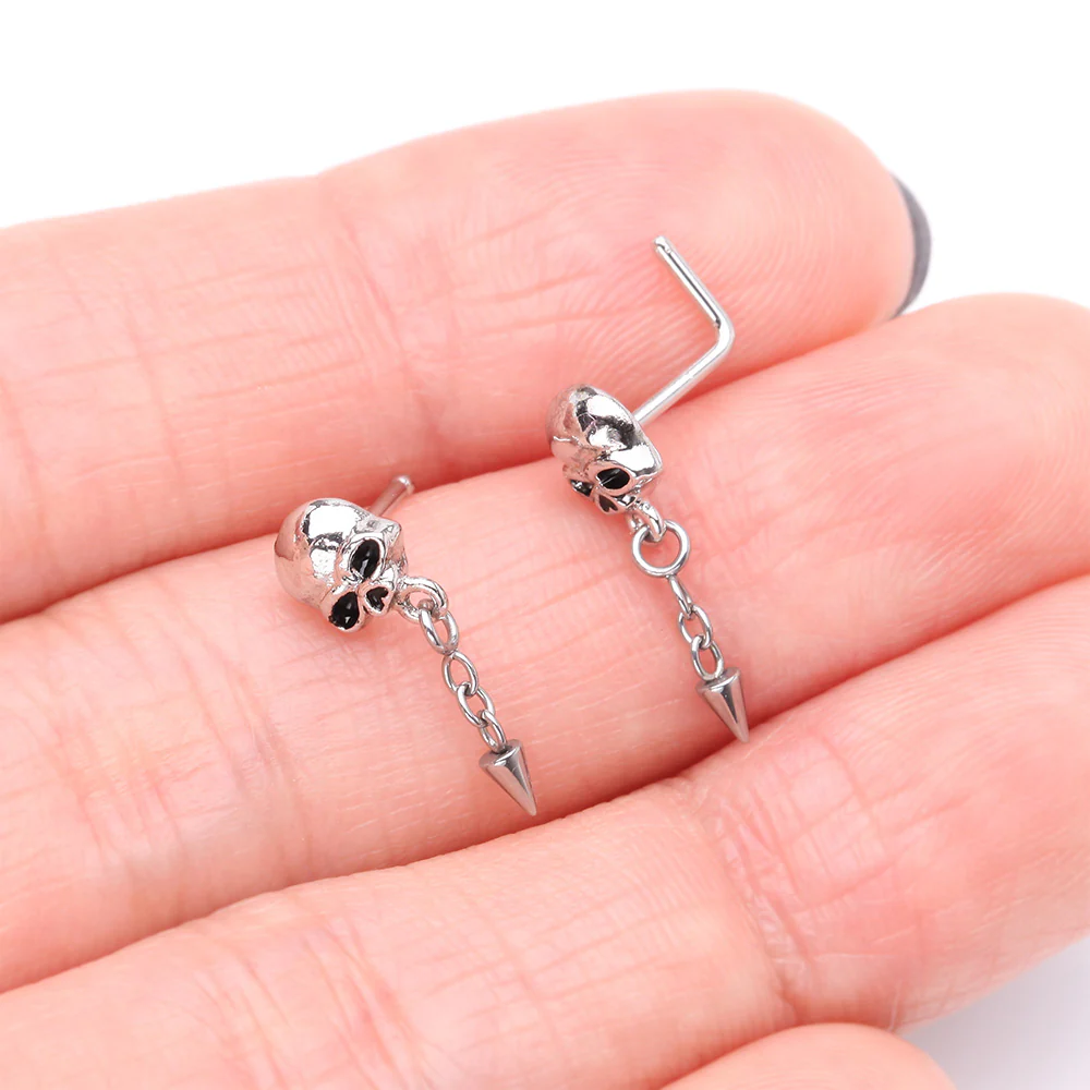 Death Skull Dangle Chained Spike L-Shaped Nose Ring - Image 4