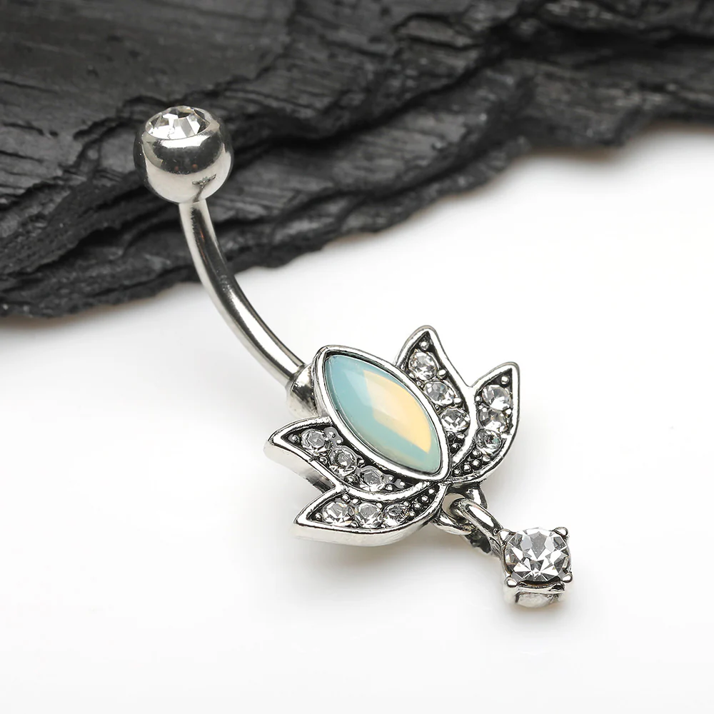 Divine Lotus Sparkle Dangle Belly Button Ring - Image 3