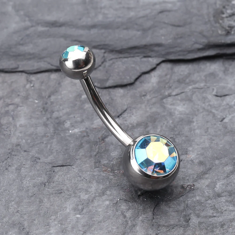 Double Gem Ball Steel Belly Button Ring - Image 3