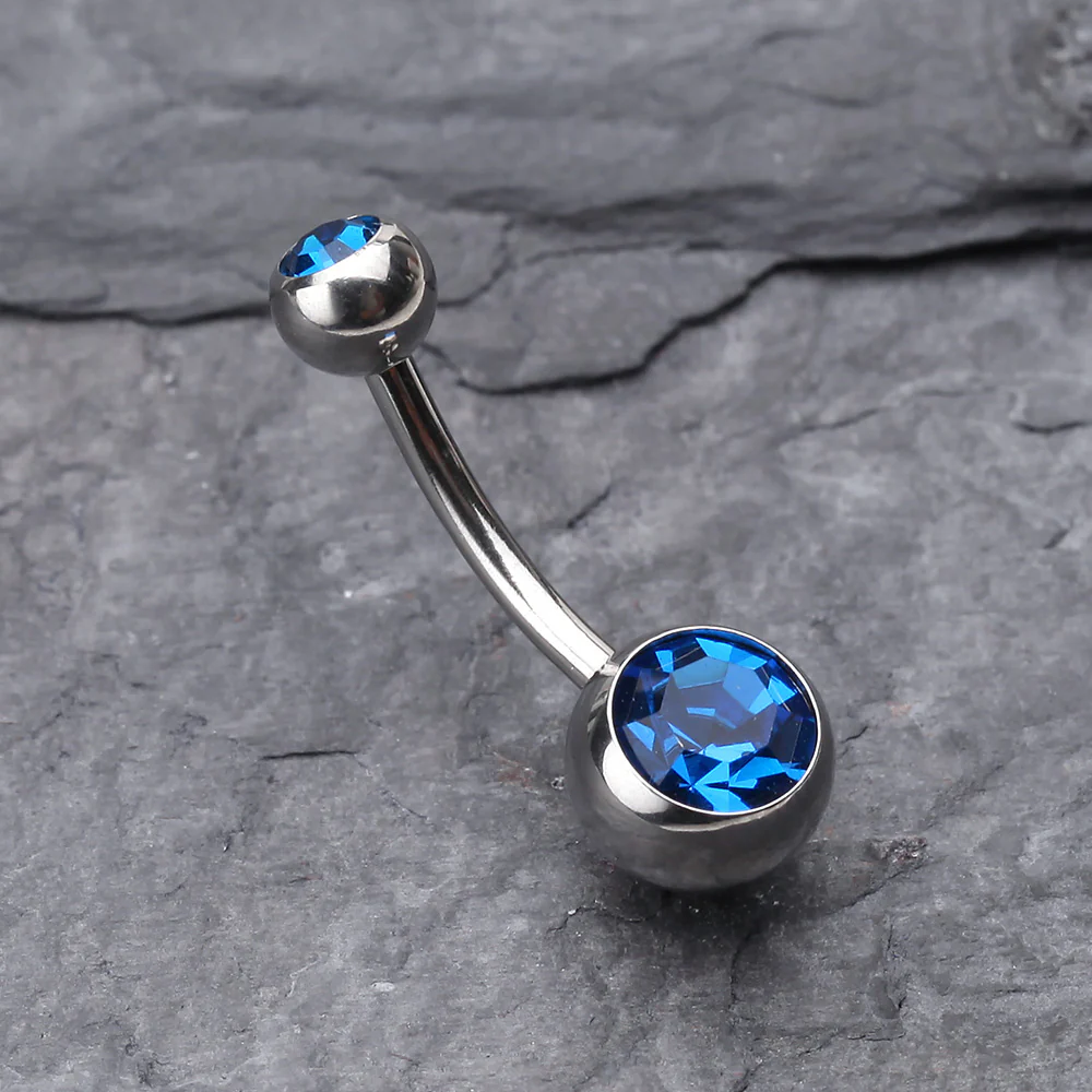 Double Gem Ball Steel Belly Button Ring - Image 3