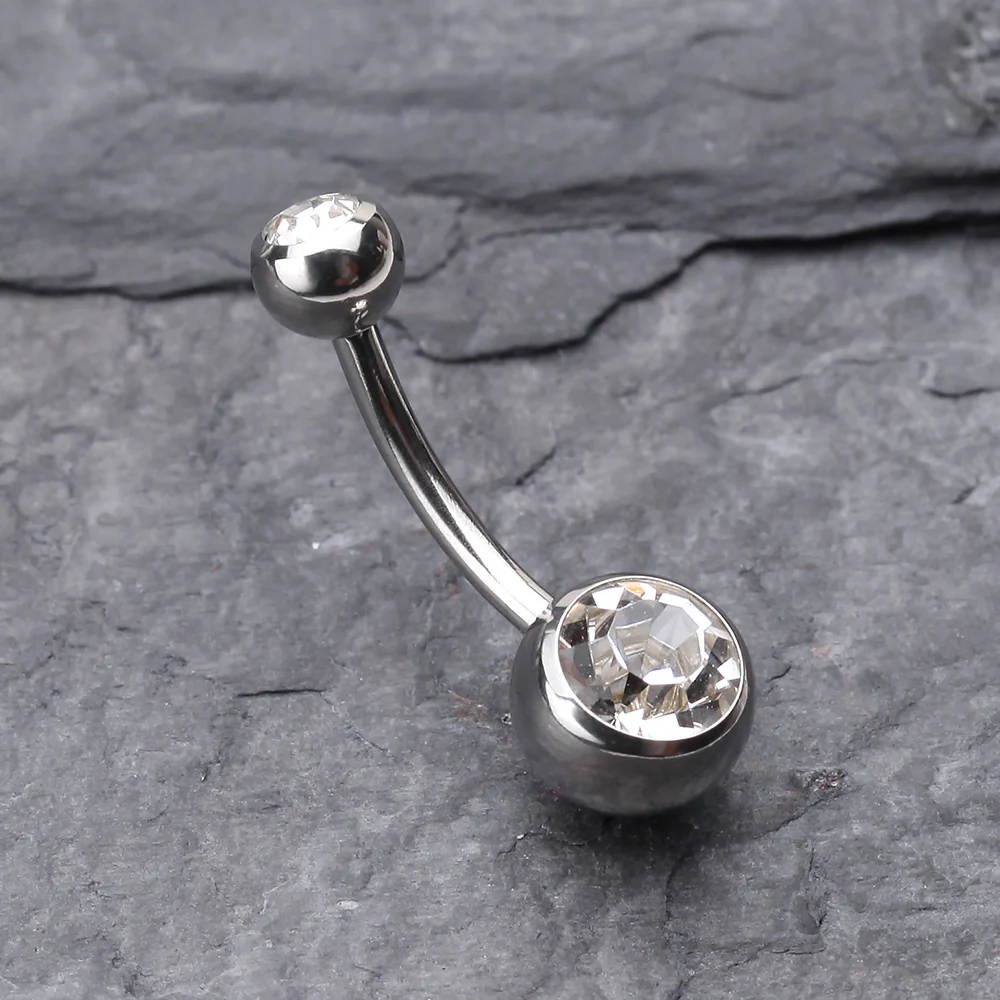 Double Gem Ball Steel Belly Button Ring - Image 3