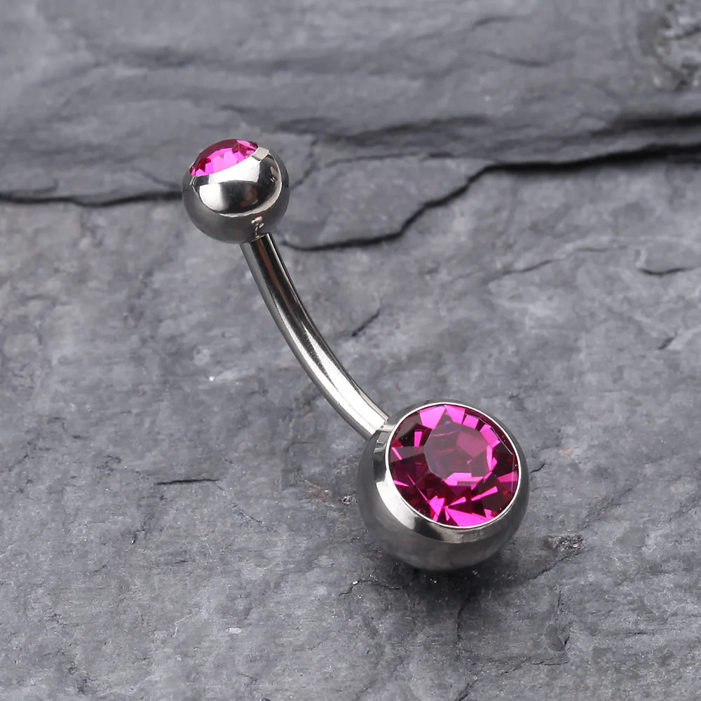 Double Gem Ball Steel Belly Button Ring - Image 3