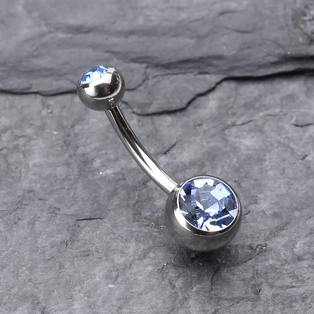 Double Gem Ball Steel Belly Button Ring - Image 3