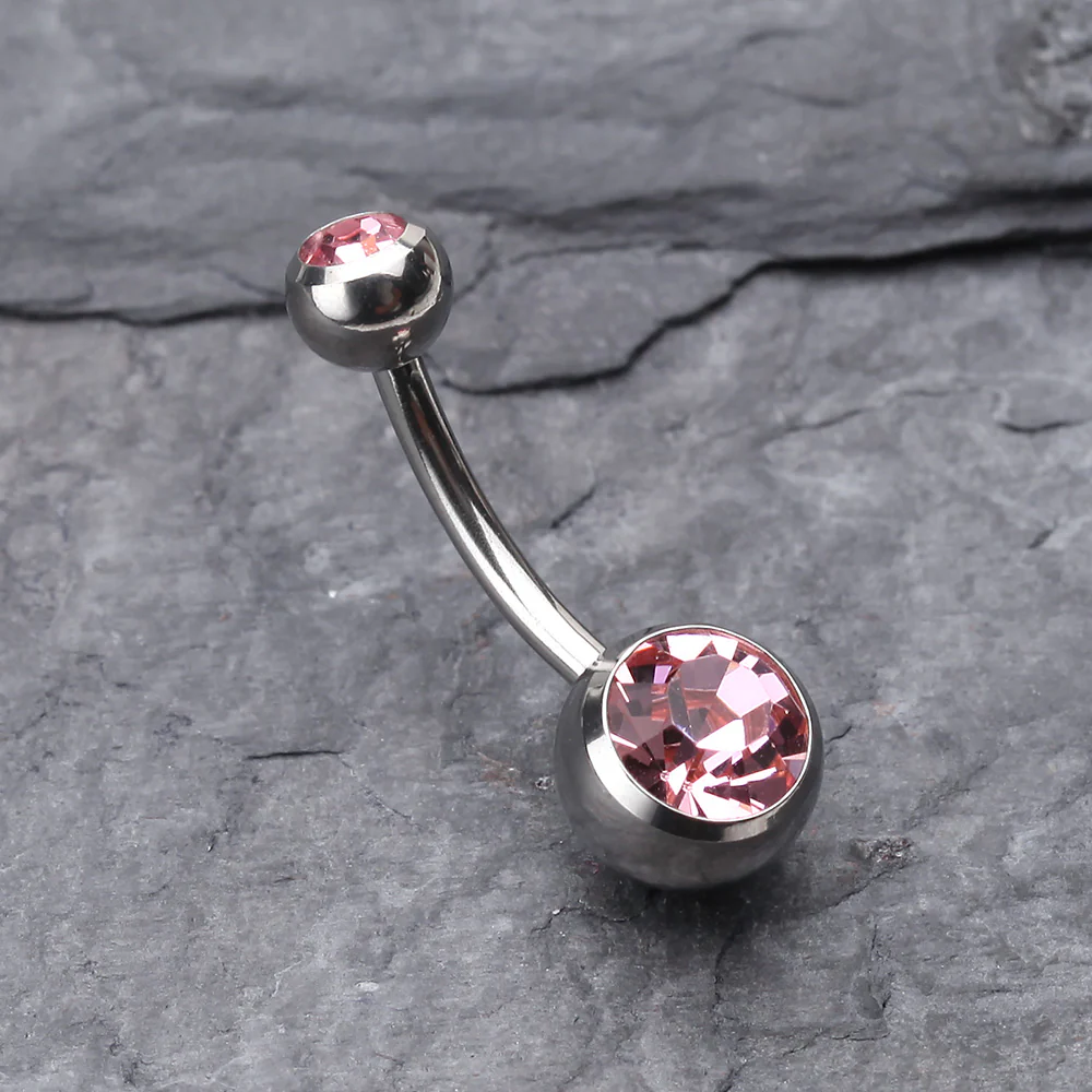Double Gem Ball Steel Belly Button Ring - Image 3