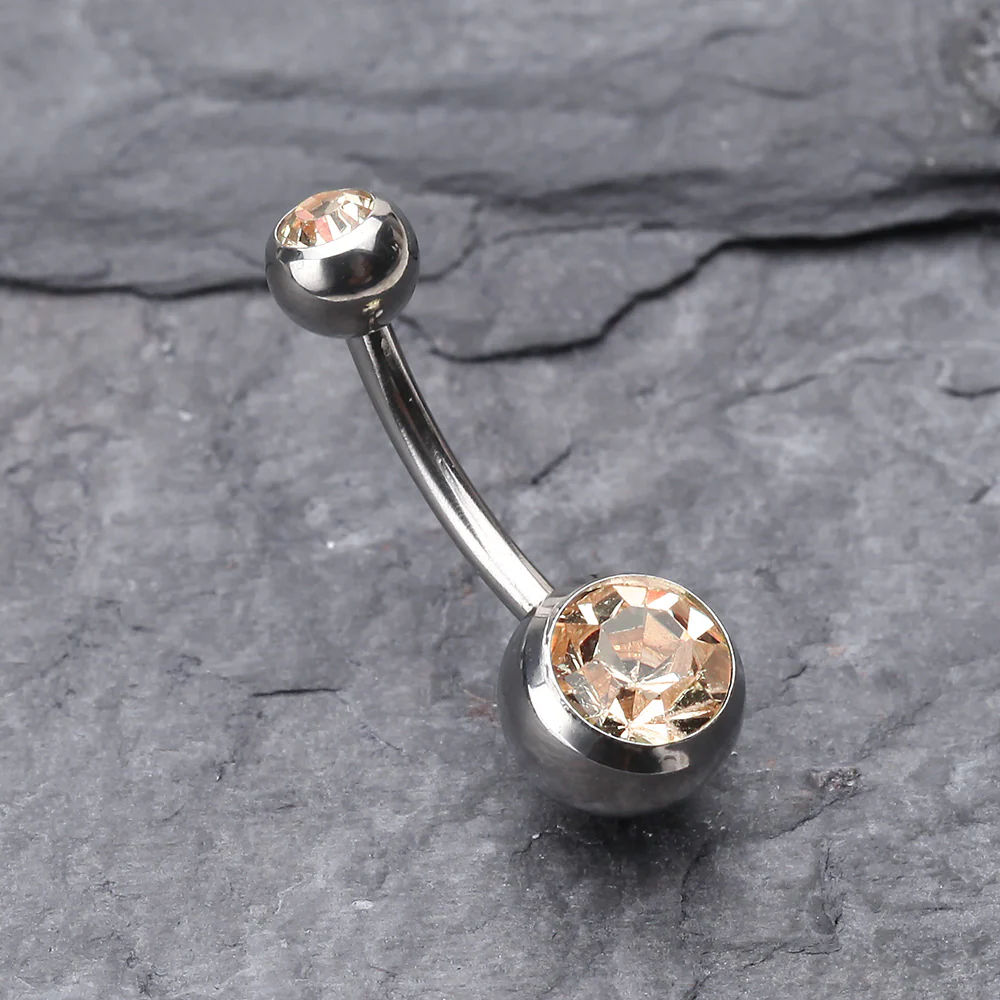 Double Gem Ball Steel Belly Button Ring - Image 3