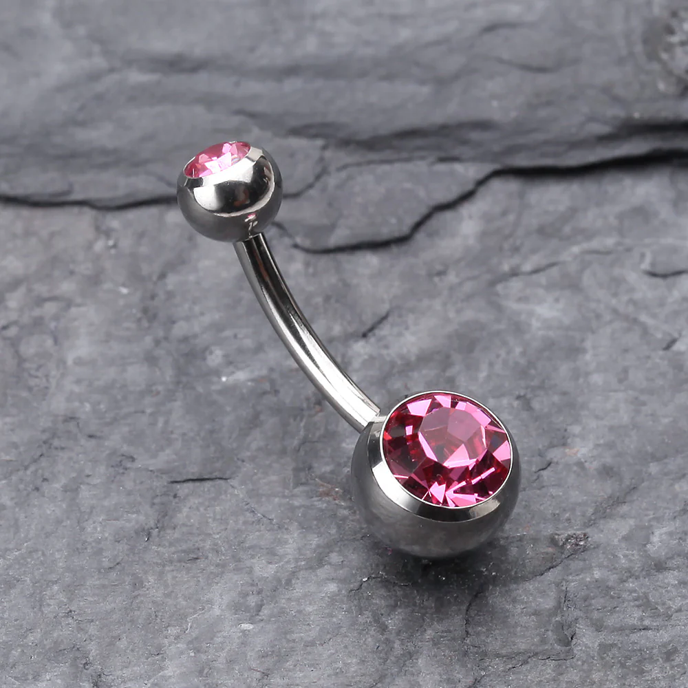 Double Gem Ball Steel Belly Button Ring - Image 3